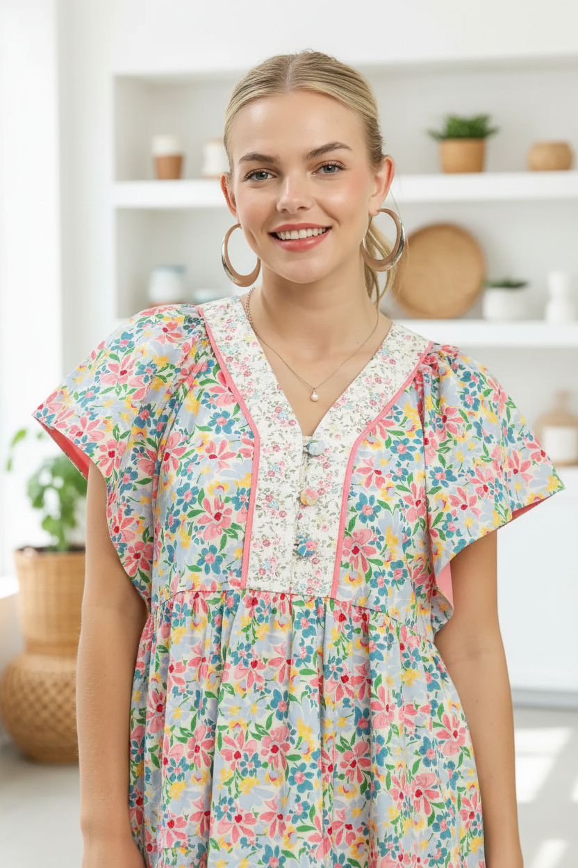 Close-up of blonde model wearing Umgee blue mix floral tiered mini dress showing V-neckline, contrast lace placket, pink trim and ruffle sleeves 