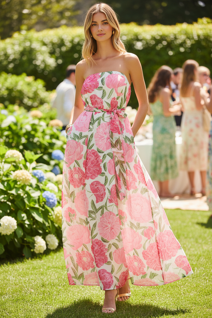 Strapless garden party dress with floral print and hidden pockets