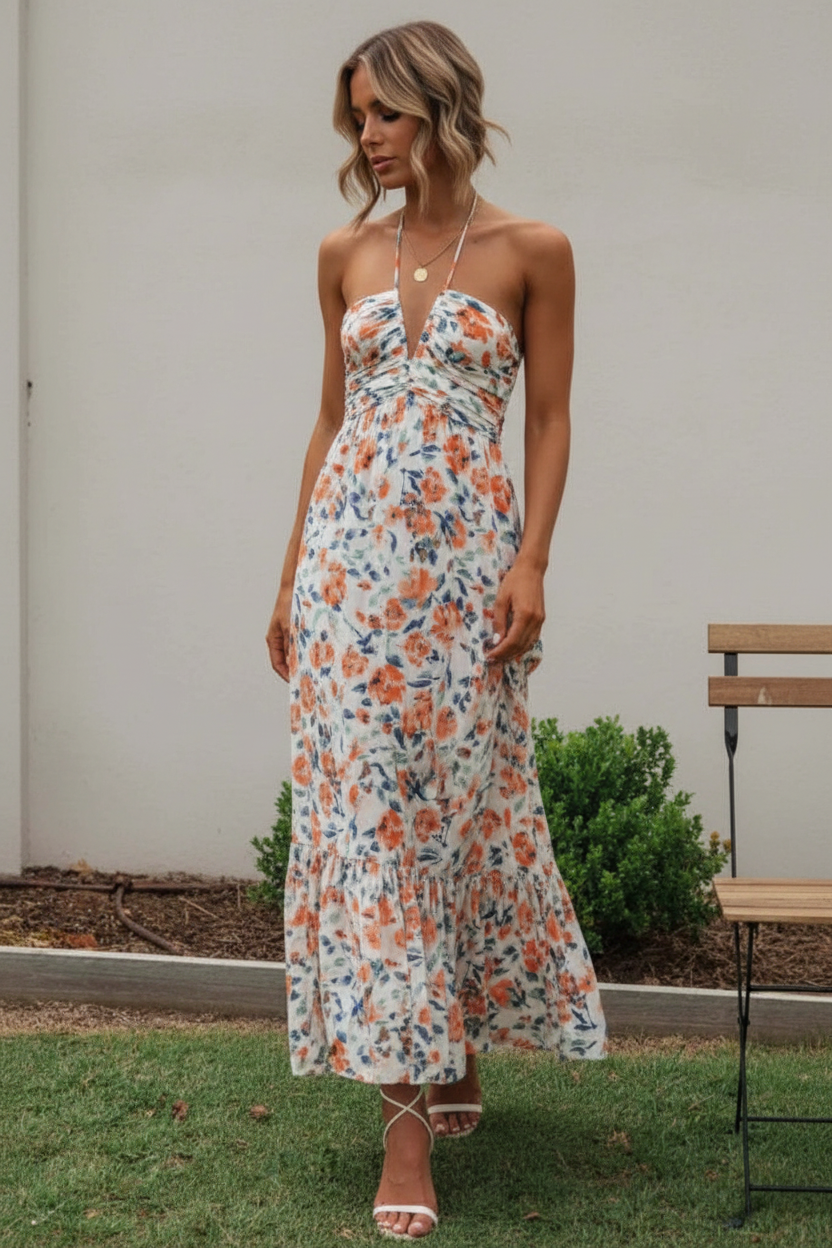  ruched halter midi dress from Thread Bar Boutique with tie back detail and flattering fitted silhouette
