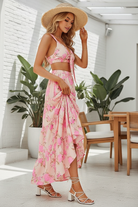 Side view of pink multicolor floral print matching crop top and skirt set showing full coordinated look — Thread Bar Boutique