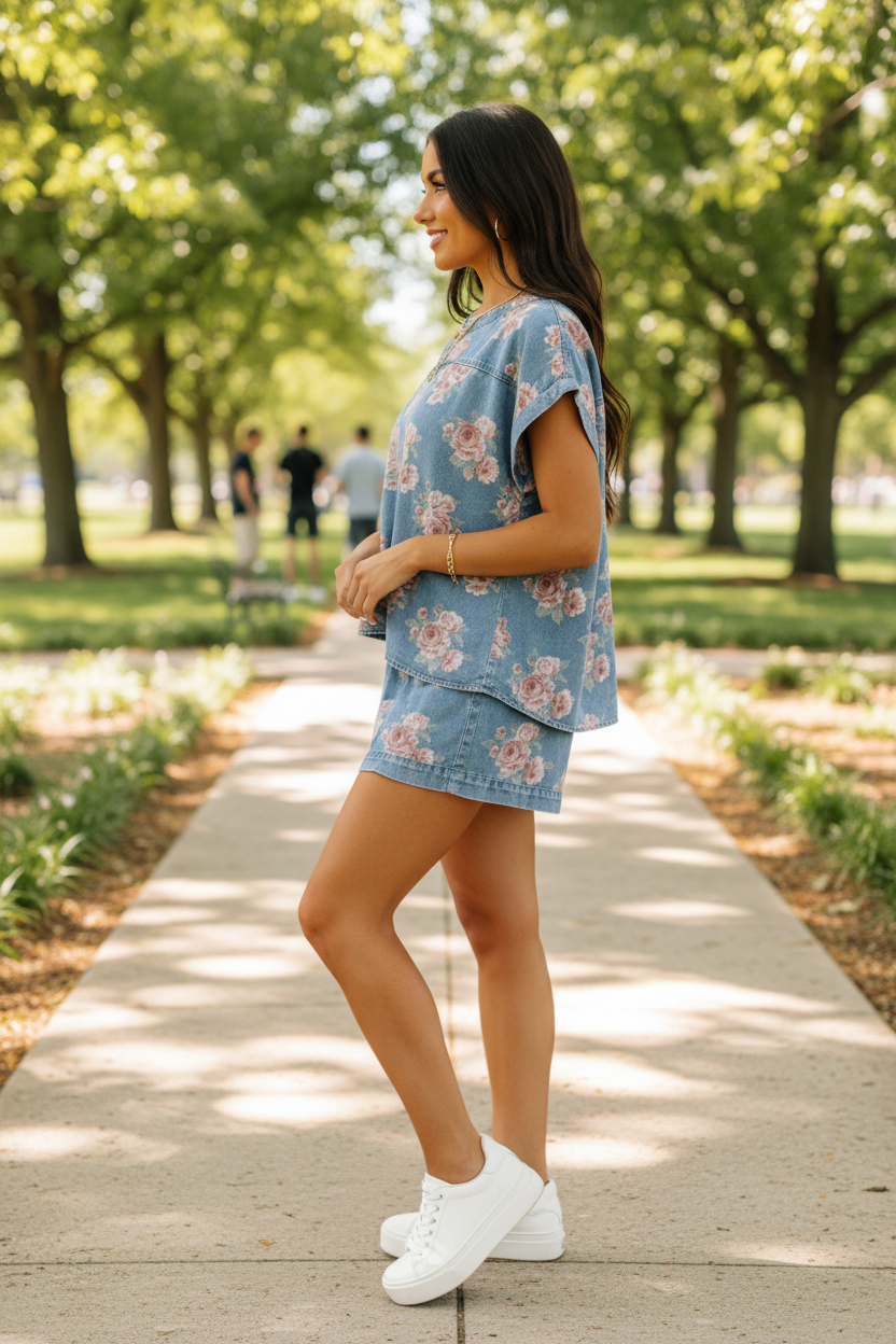 Side profile full body view of brunette woman wearing matching light blue denim floral short sleeve top and ruffle hem shorts set in outdoor setting