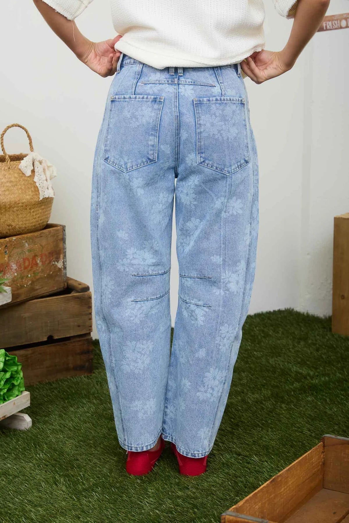 Washed floral denim barrel jeans on-trend women’s style rear view