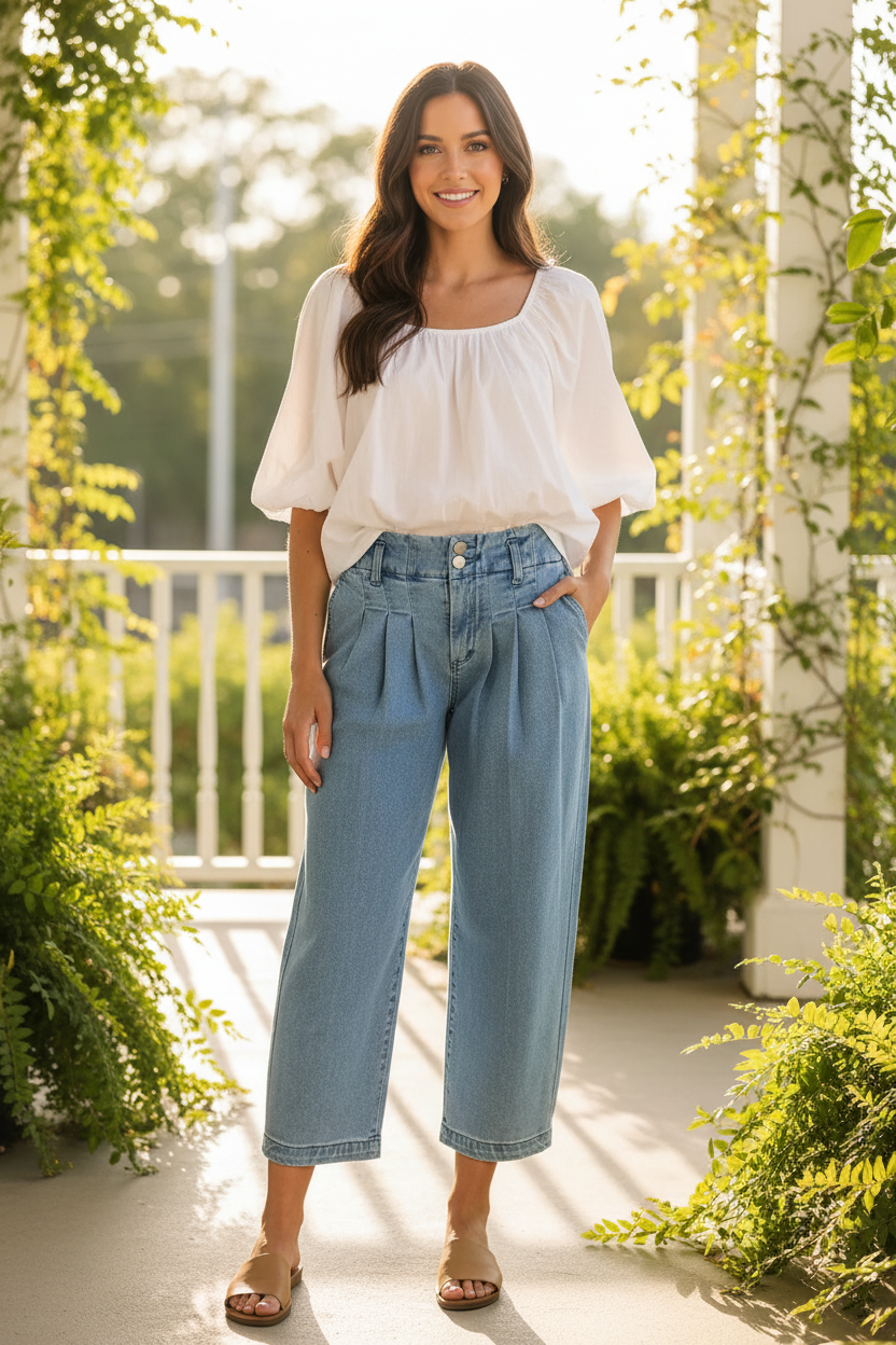 Risen medium wash slouchy crop barrel pleated jeans. Slight stretch, sizes 0–15, tailored pleated detail. Modern vintage denim at Thread Bar Boutique.
