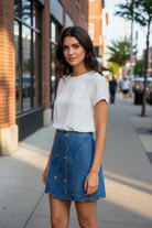 Casual denim skirt with button front and feminine scalloped hem detail