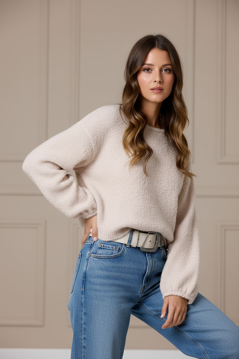 Fuzzy Knit Sweater Light Khaki - Three Quarter