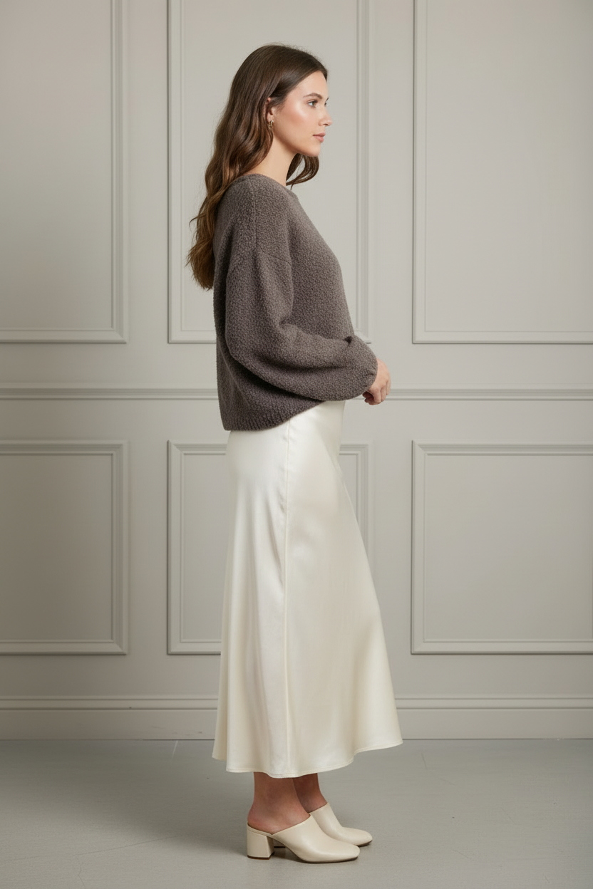 Fuzzy Knit Sweater Mocha - Silk Skirt Side