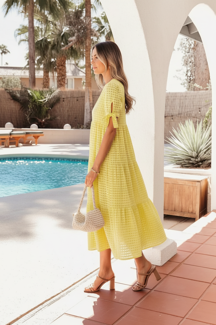 Textured gingham midi dress with tiered design and feminine bow neckline