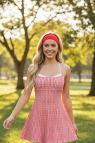 Casual red gingham athletic dress with built in shorts and performance fabric