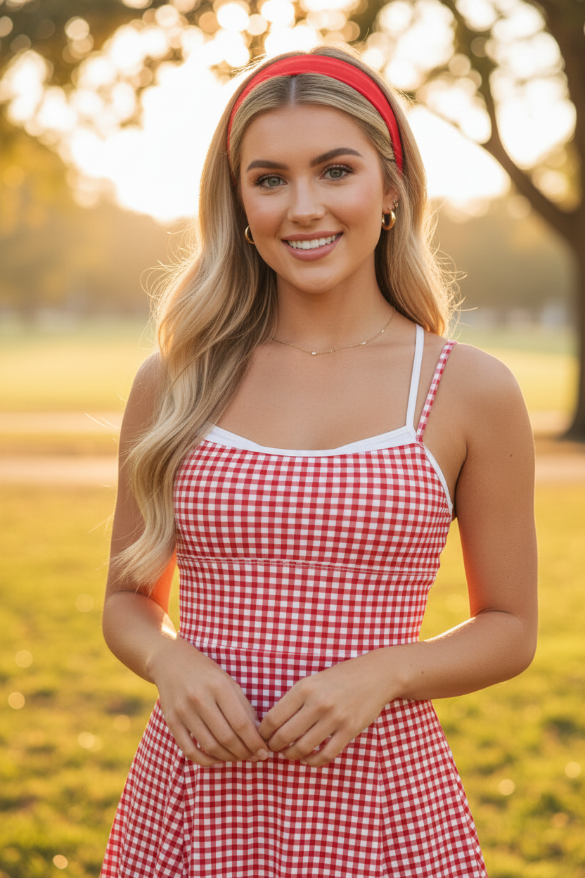 Flowy gingham active romper dress with built in shorts and flexible stretch fit