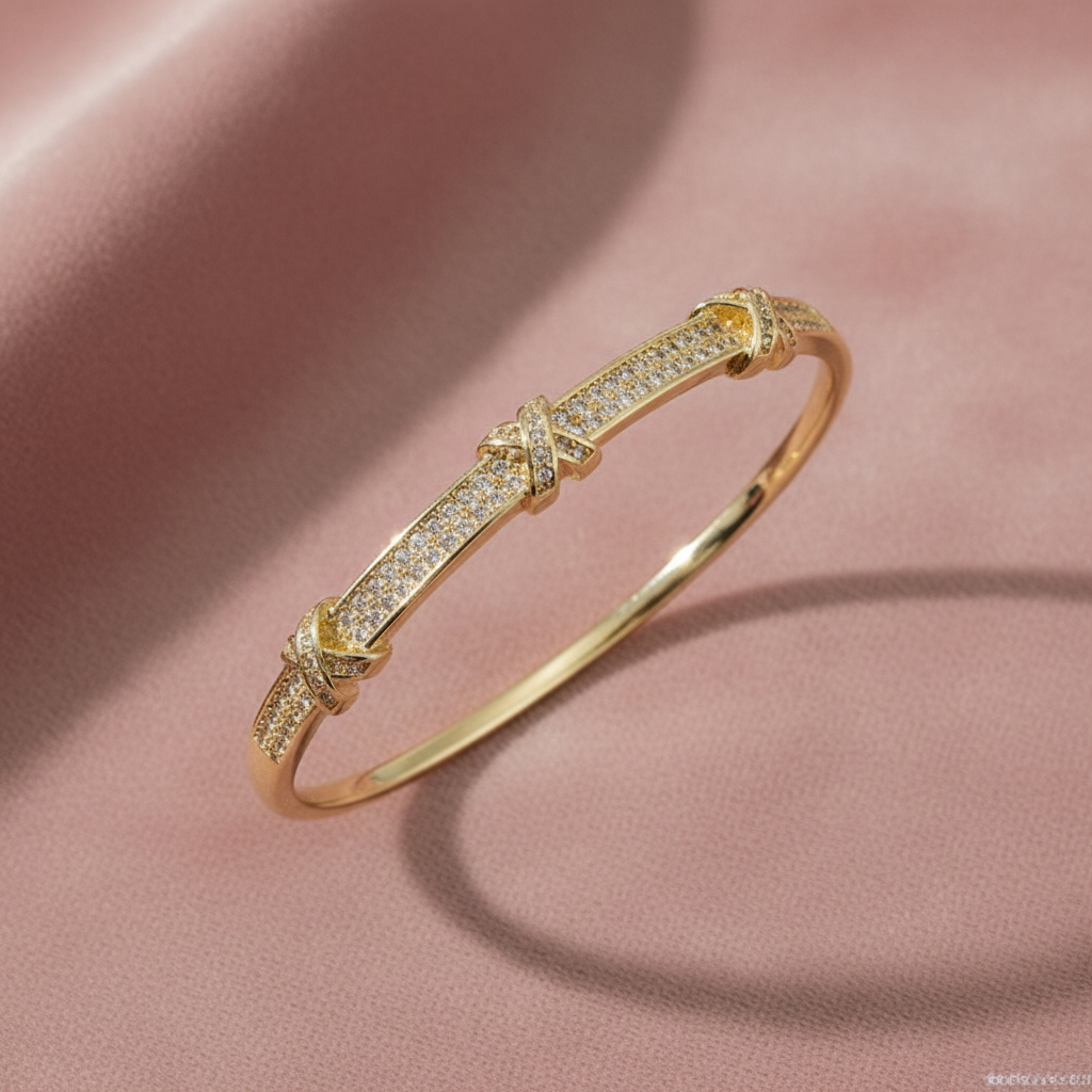 Cubic Zirconia Stainless Steel Bangle flatlay on dusty rose velvet background