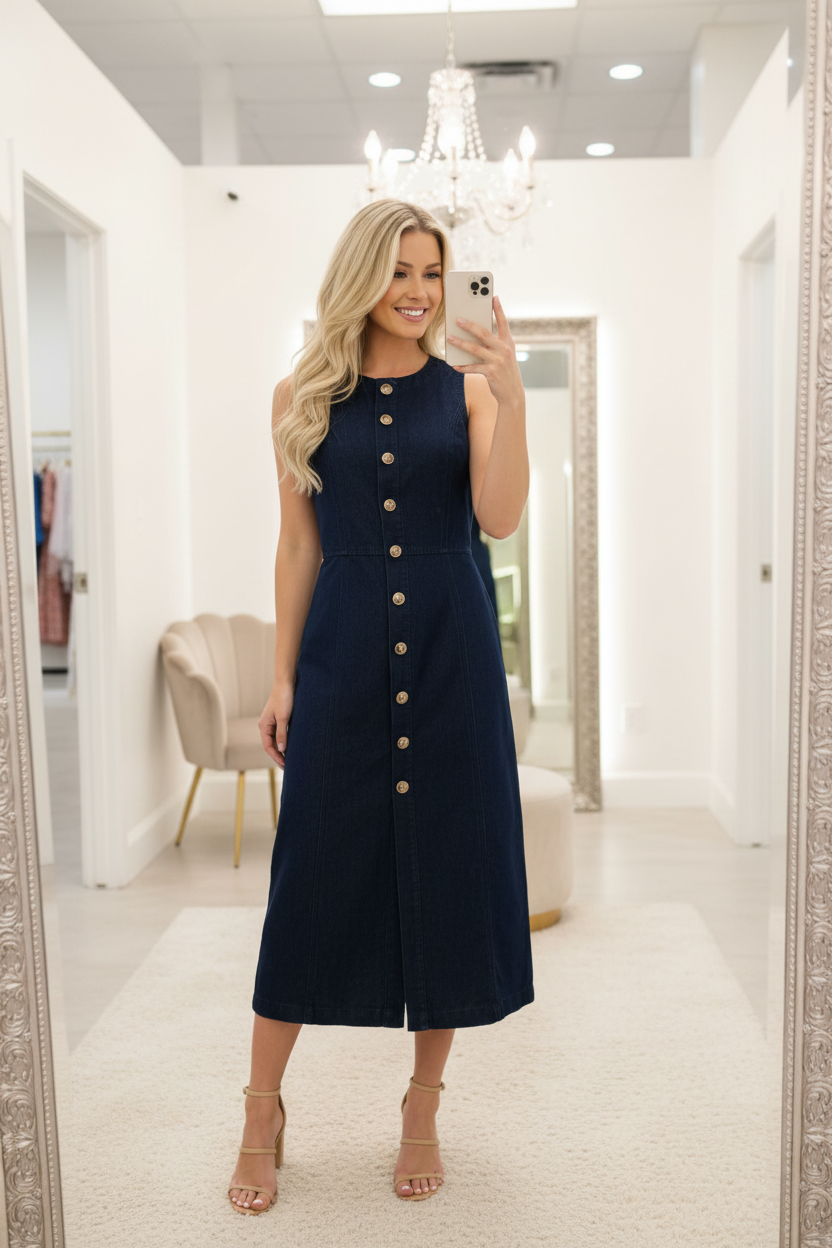 Denim midi dress with full button front and round neck, easy to style from casual errands to dinner outfits