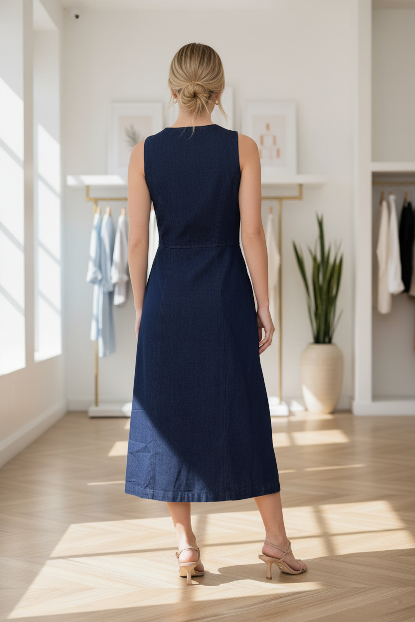 Women’s button front denim midi dress with relaxed fit and sleeveless design, perfect for layering or everyday wear back view