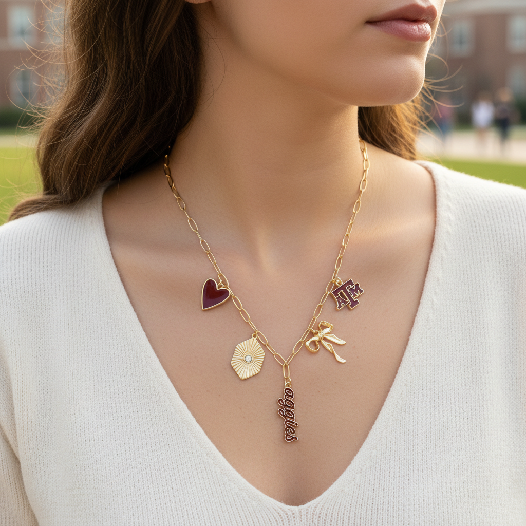 Gold paperclip chain necklace with Texas A&M Aggies charms and adjustable length for game day and graduation gift