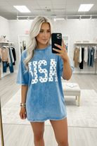 Blue USA star print oversized t-shirt in mineral washed cotton