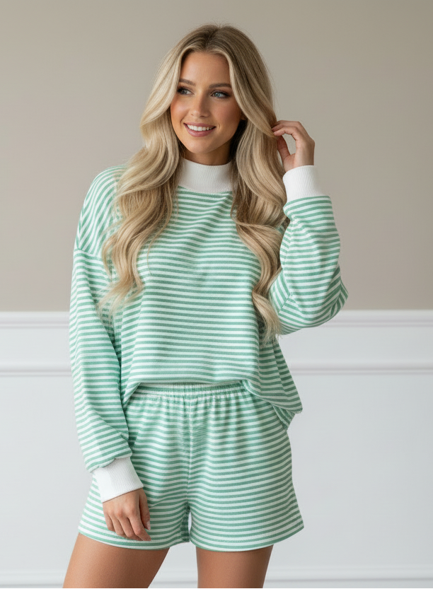 Green striped oversized mock neck sweatshirt and matching shorts two-piece set