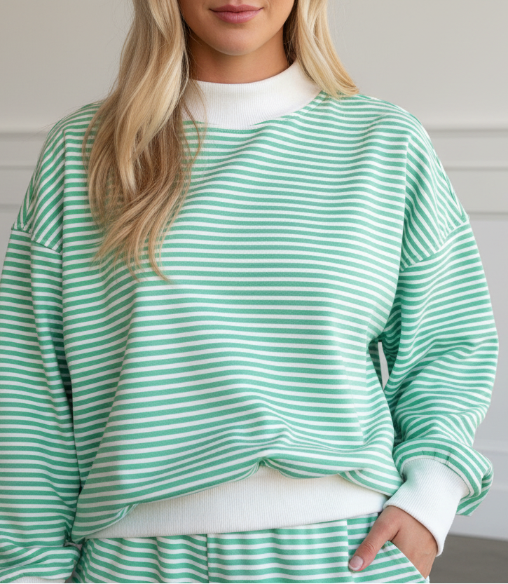 Green stripe two-piece lounge set with oversized mock neck sweatshirt and shorts