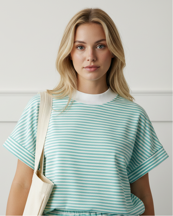 Green stripe casual two-piece set for women with relaxed mock neck tee and shorts from Thread Bar Boutique