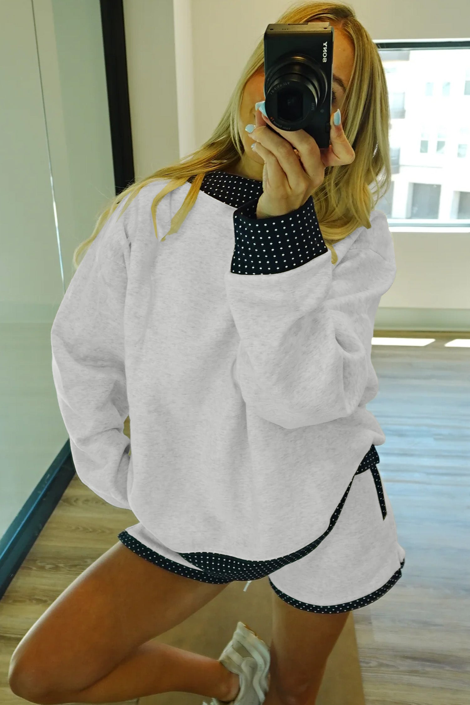 Pearl grey polka dot casual sweatshirt and shorts outfit