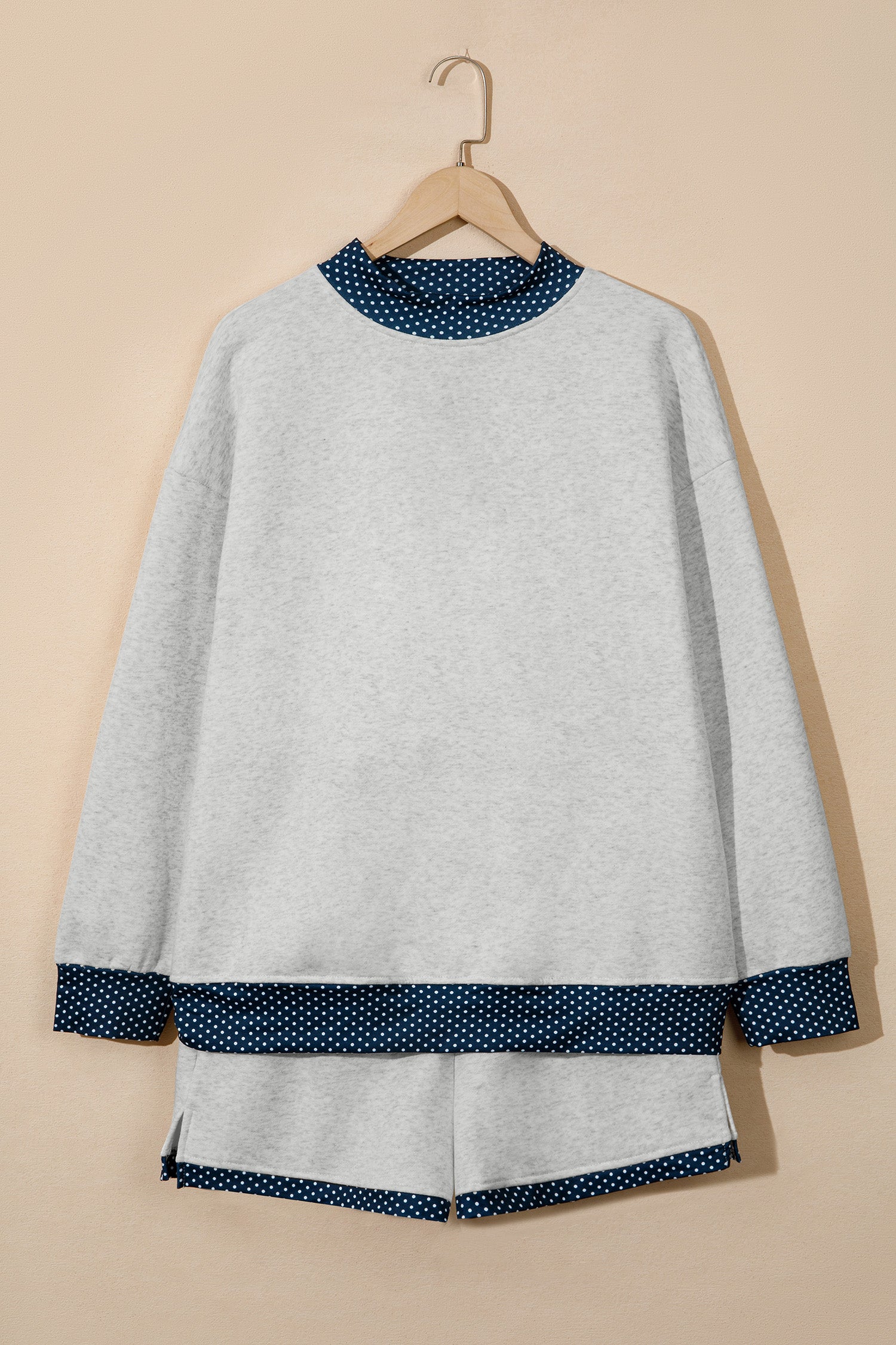 Pearl grey polka dot mock neck pullover and shorts set for women