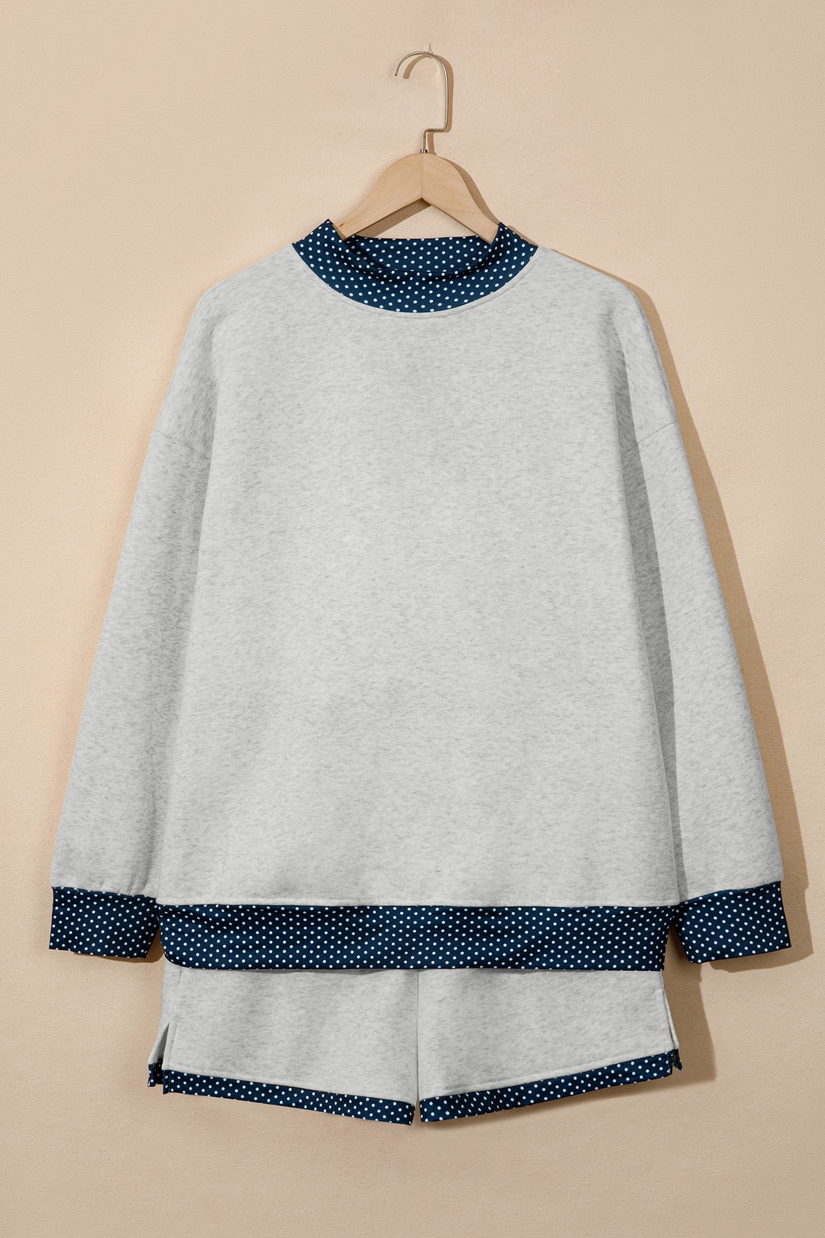 Pearl grey polka dot mock neck pullover and shorts set for women
