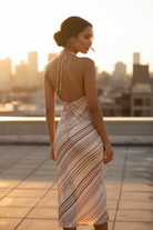 Grey berry striped satin midi dress with halter neckline and bias-cut silhouette