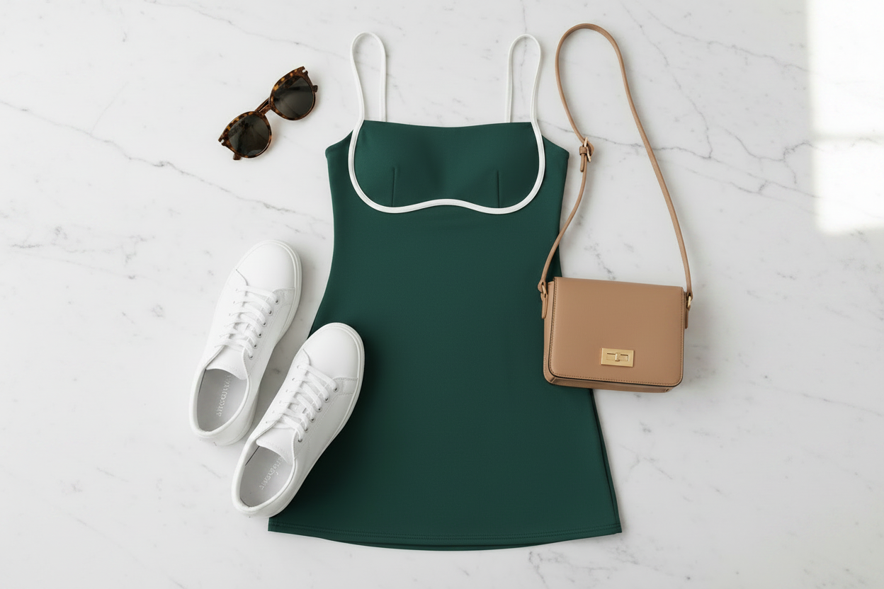 Hunter green contrast trim athletic mini dress with built-in shorts flat lay styled with white fashion sneakers, tortoise shell sunglasses and tan crossbody bag