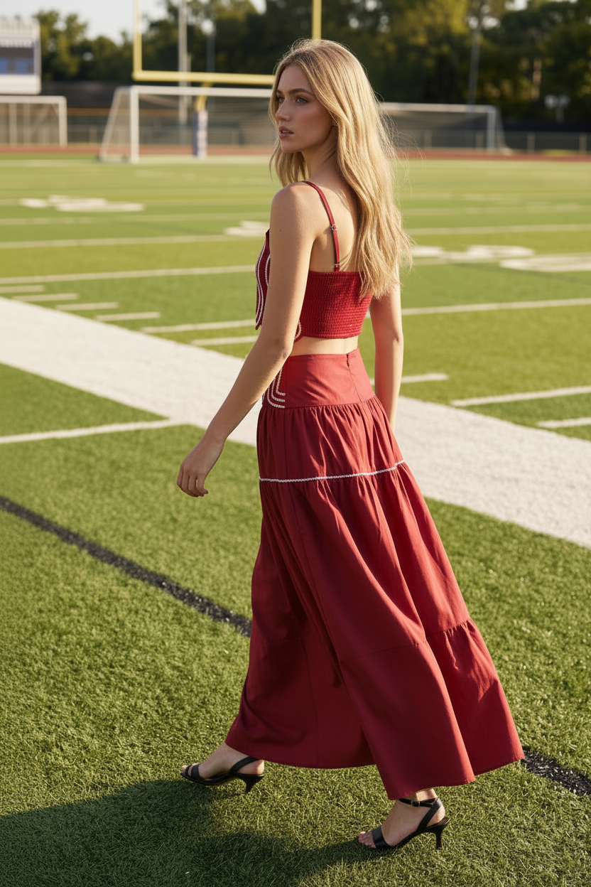 Women's game day skirt set with a structured fitted top, lace trim detailing, smocked back band, and coordinating flowing skirt in a bold crimson and white color combination.