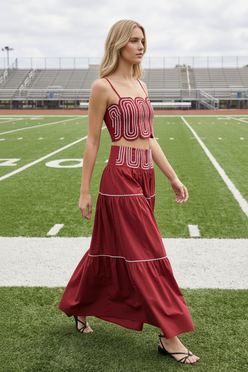 Blonde model wearing crimson red lace trim crop top and tiered maxi skirt set - side profile walking on football field