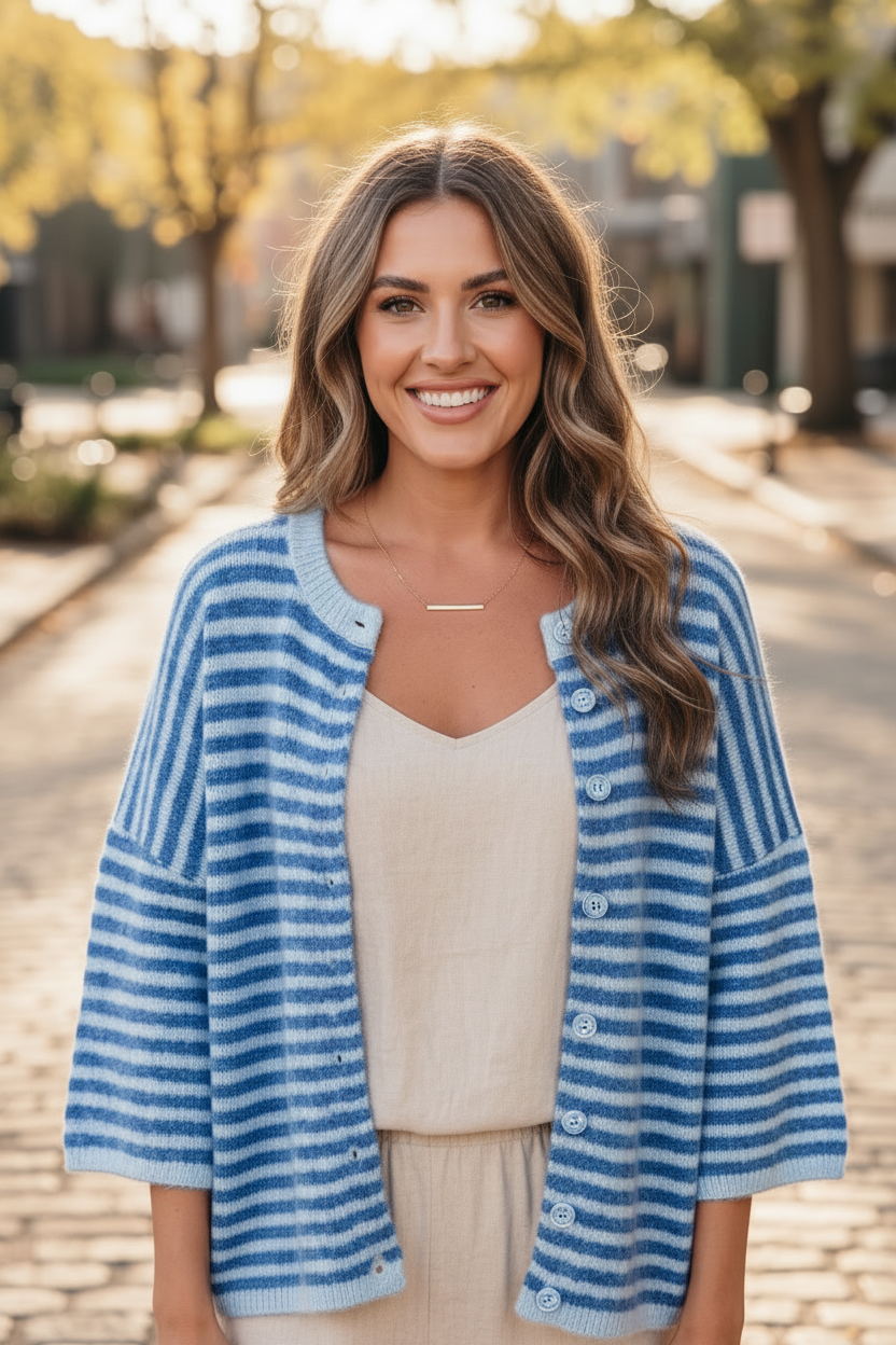 Close-up of button-front neckline and blue stripe knit texture detail on boxy cardigan worn open over cream linen tank top with gold necklace