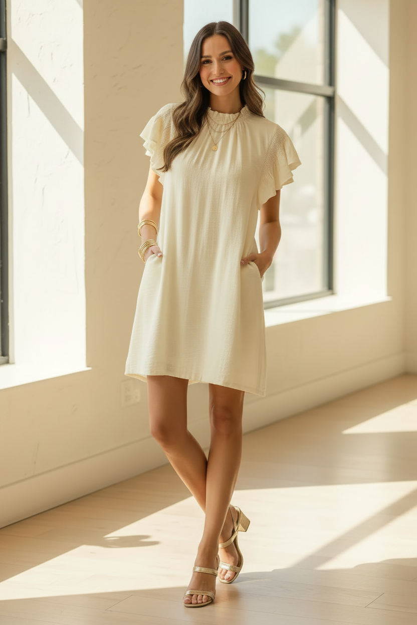 Cream Ruffle Flutter Sleeve Dress for women from Thread Bar Boutique