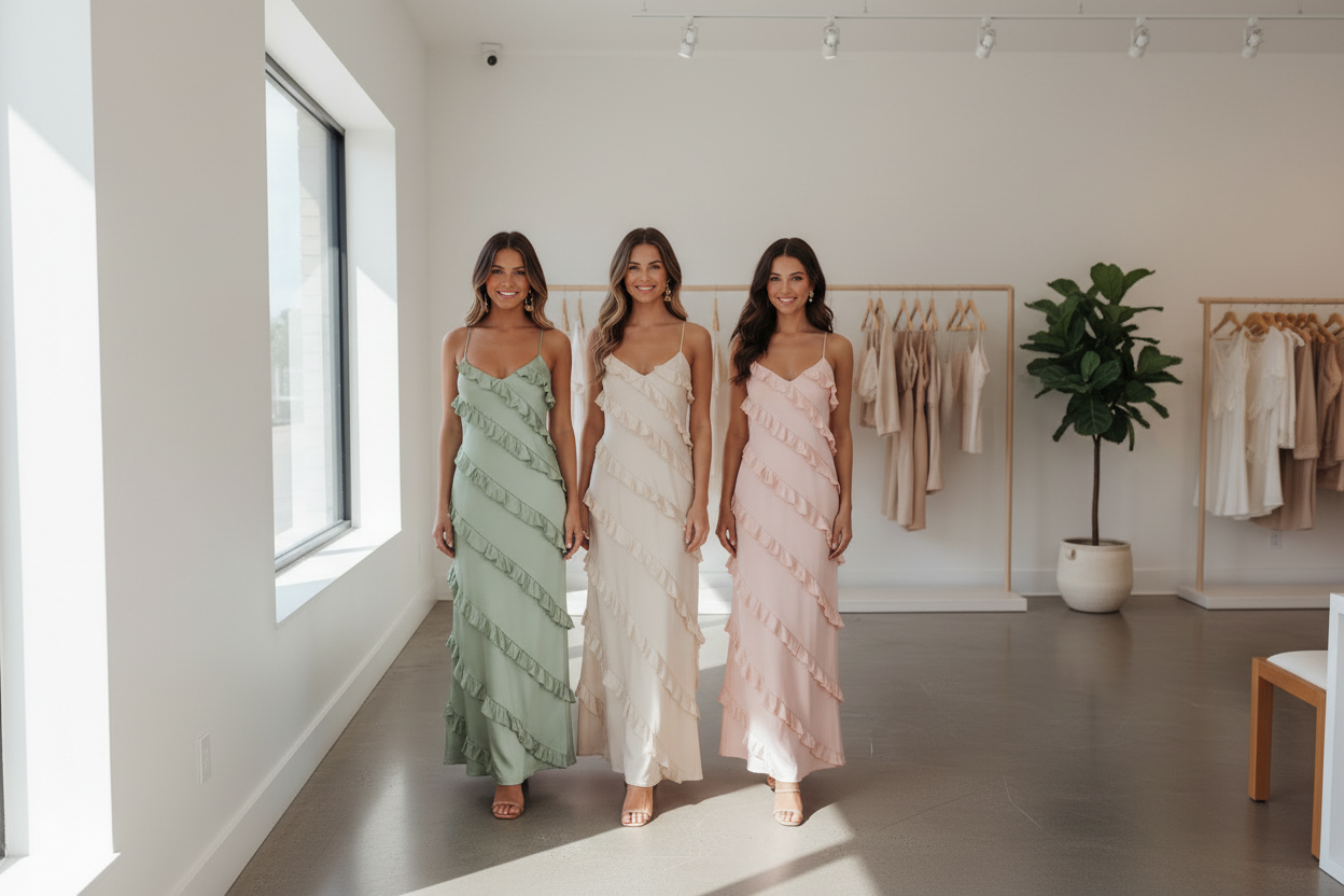 Ruffled Spaghetti Strap Maxi Dress - all three colors sage, beige and blush pink, trio side by side, boutique setting