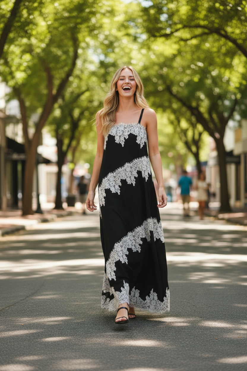 Black lace maxi dress candid lifestyle shot - flowy spaghetti strap wedding guest dress with lace trim - Thread Bar Boutique