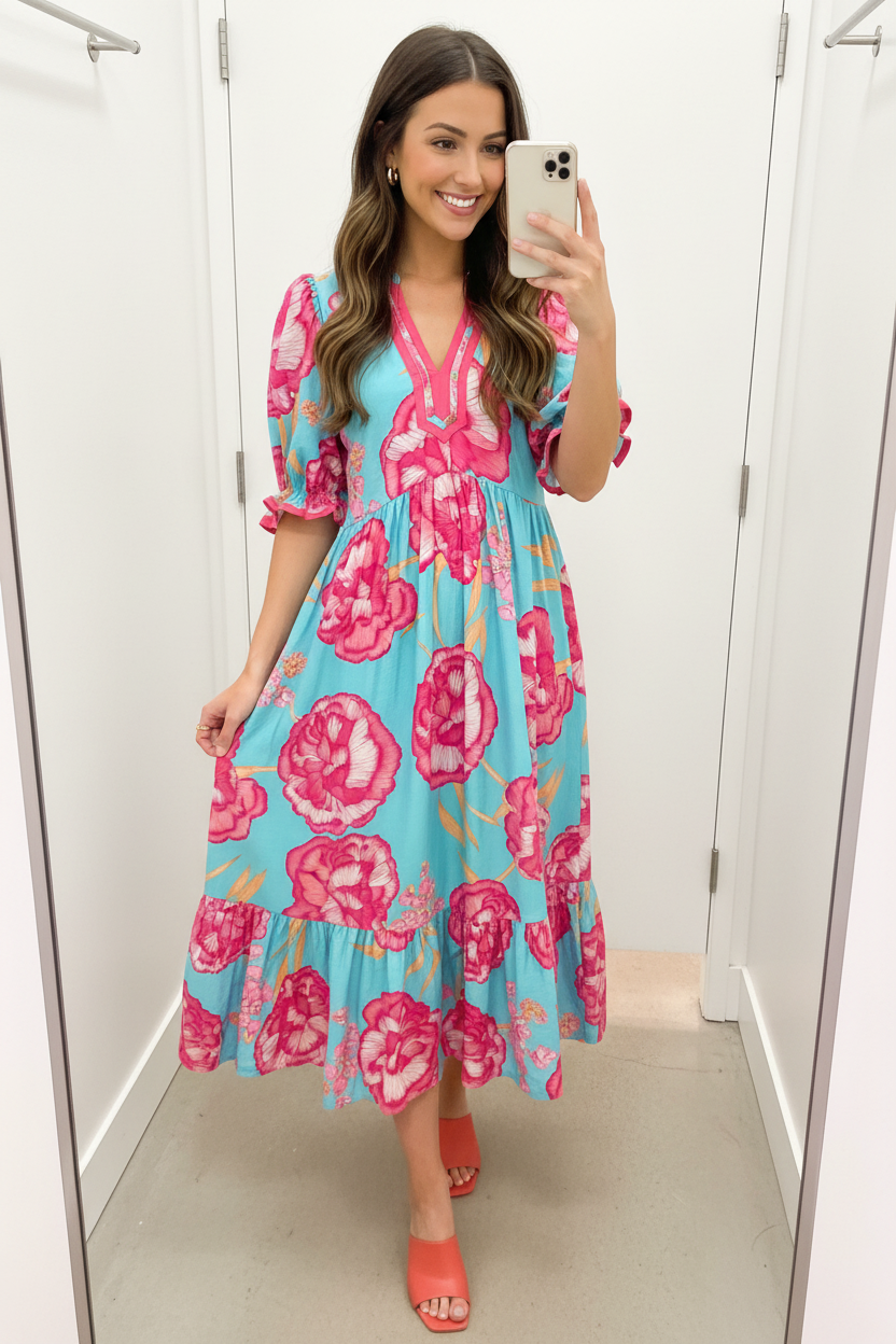 Aqua floral contrast trim midi dress mirror selfie — brunette model full-length boutique fitting room fuchsia floral print tiered skirt coral mules