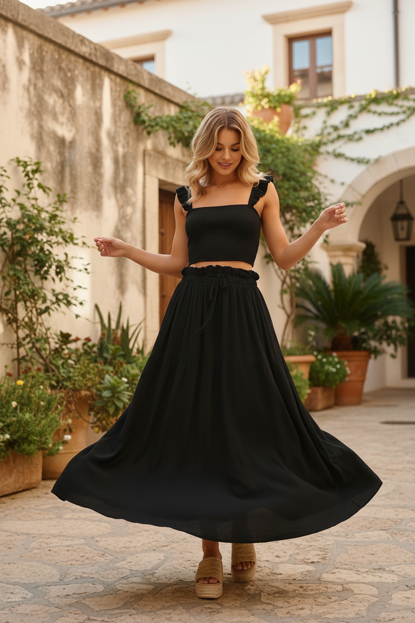 Black smocked ruffle top and maxi skirt two-piece set in motion, skirt swirling, showing lightweight breathable fabric and drawstring waist detail