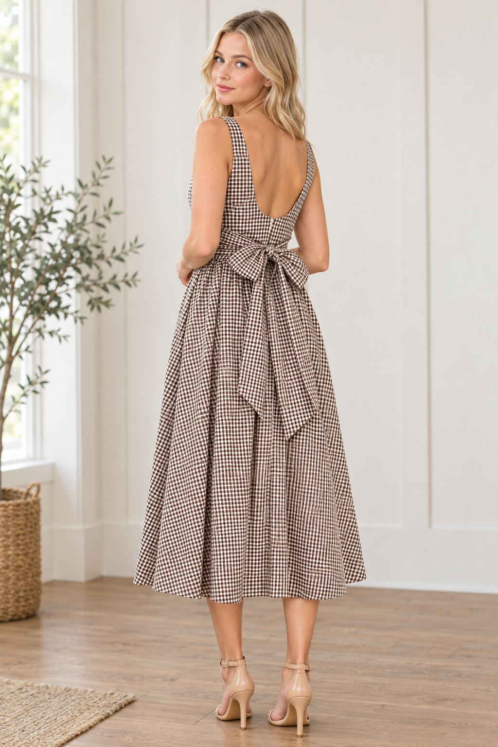 Back view of brown and cream gingham midi dress showing open scoop back and waist level self tie bow