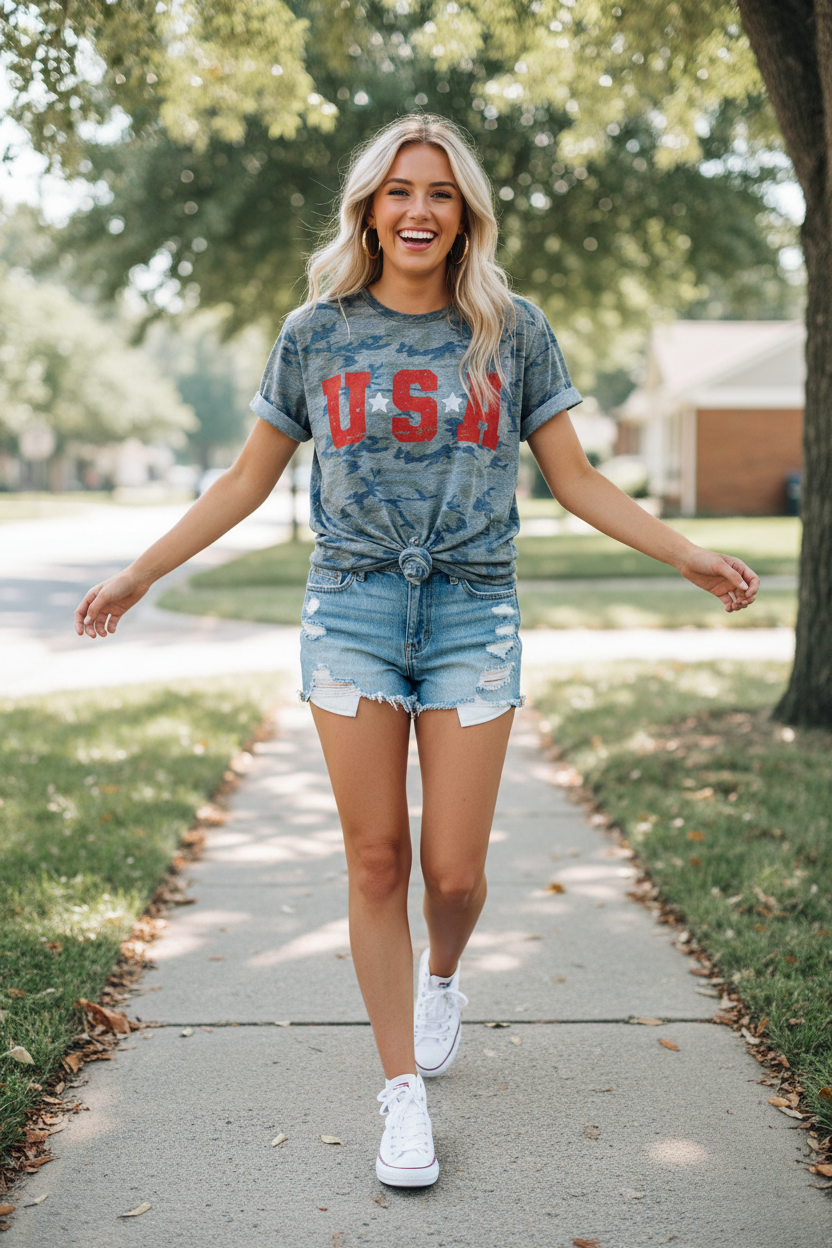 USA camo graphic tee knotted hem styled with denim cutoffs — candid walking lifestyle shot