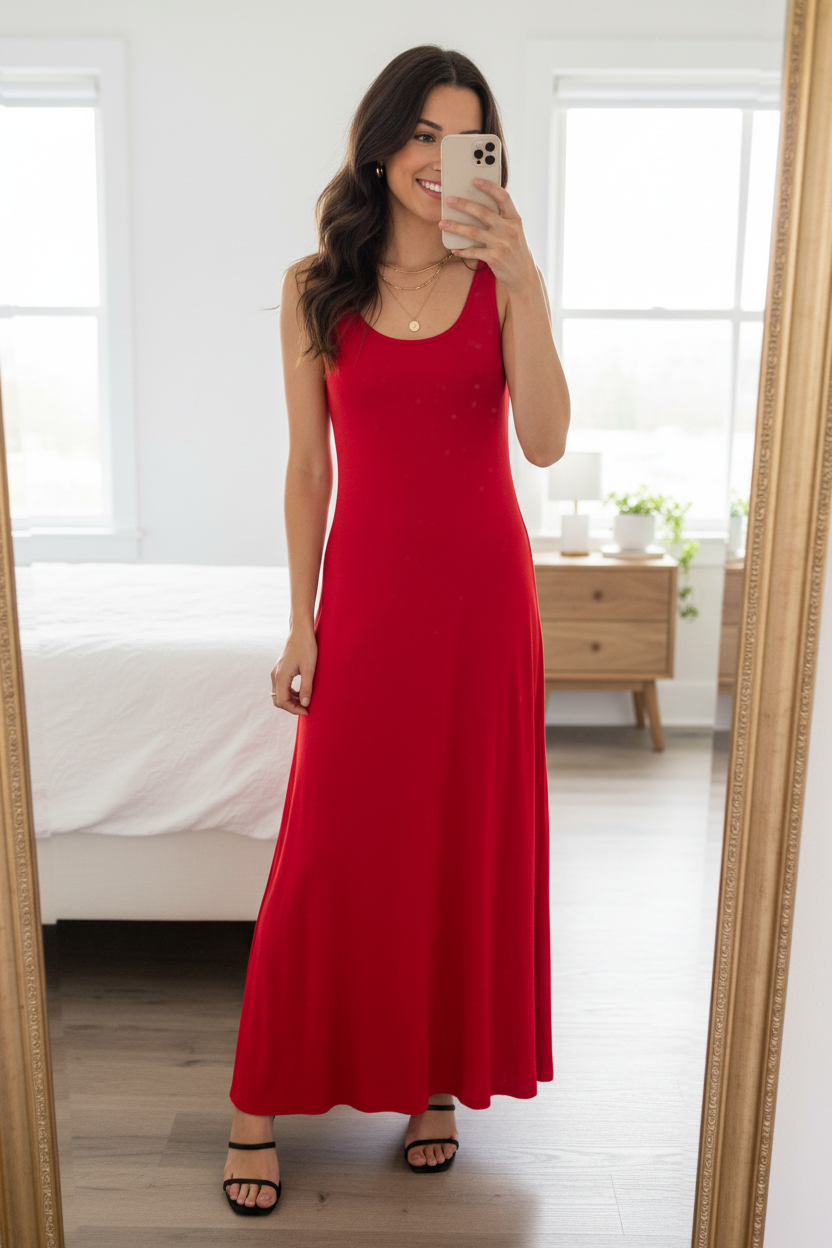 Red scoop neck wide strap maxi tank dress mirror selfie — full length A-line silhouette black strappy heels