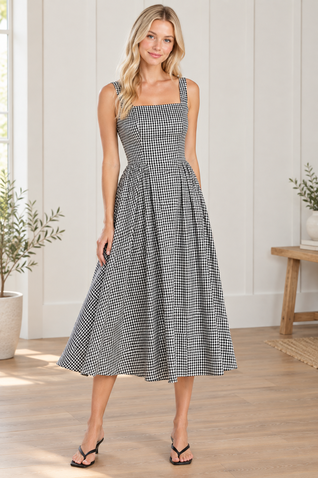 Front view of black and white gingham midi dress with square neckline and wide shoulder straps