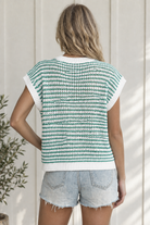 Back view of green striped sleeveless knit tank showing textured knit, relaxed shape and white ribbed hem
