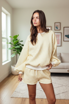 Butter yellow and white gingham lounge set front view lifestyle