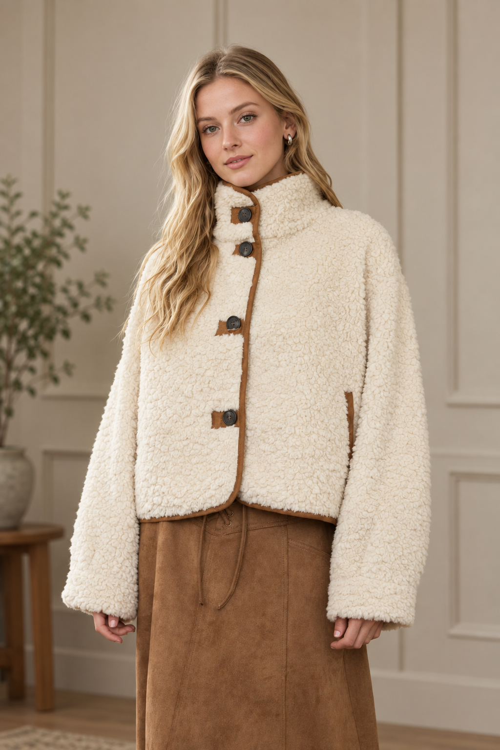 Ivory sherpa jacket with suede trim, dark buttons, and relaxed drop shoulders from Thread Bar Boutique