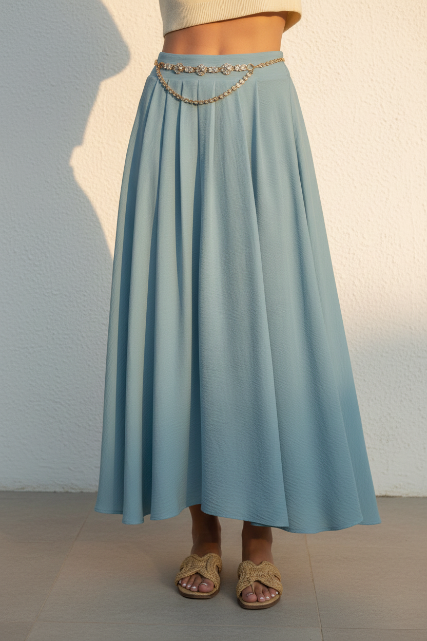 Close-up of dusty sky blue crinkle-texture box pleat maxi skirt waistband and pleat detail with gold chain belt