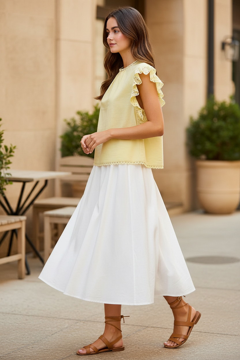 BiBi creamy yellow cotton ruffle eyelet sleeve blouse with lace trim neckline and scalloped hem, styled with a flowy white midi skirt and tan strappy sandals, women's boutique top at Thread Bar Boutique