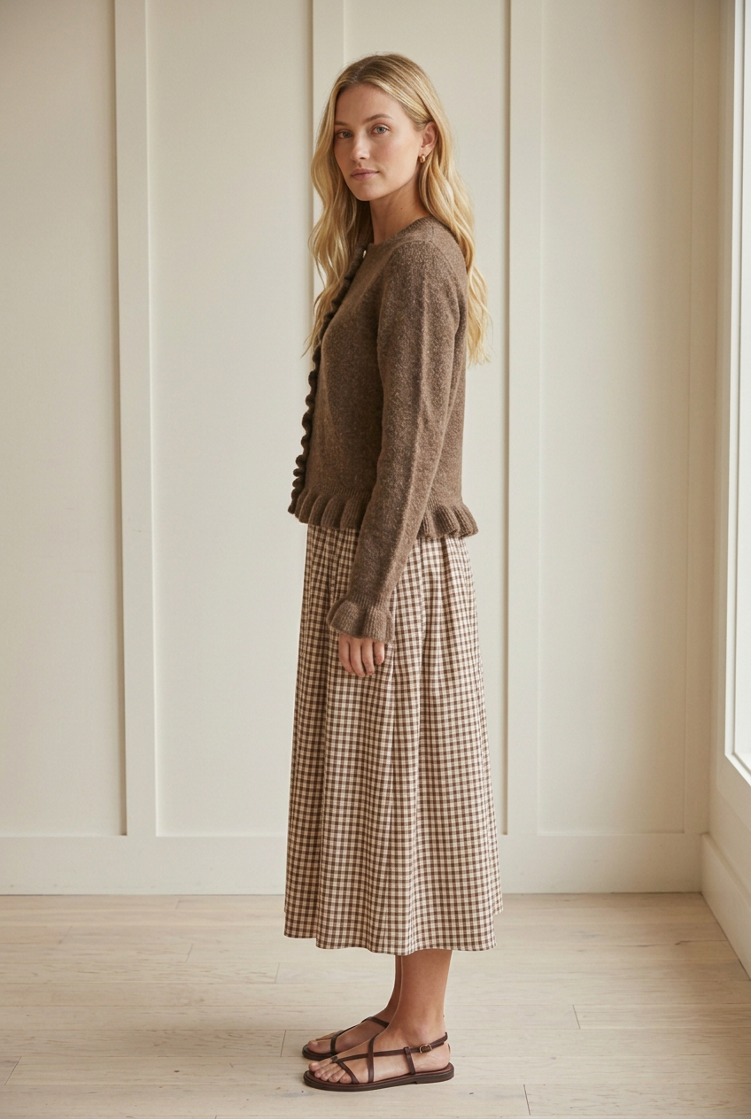 Side view of the brown knit cardigan showing its hip length silhouette, long sleeves, and ruffled cuffs and hem.