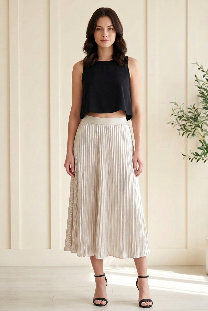 Front view of cream silver metallic pleated midi skirt with a broad elastic waistband and flowing flared silhouette.