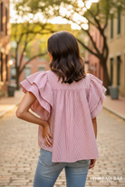 BiBi striped ruffle sleeve blouse back view showing dramatic oversized ruffle sleeve volume and lightweight twill drape