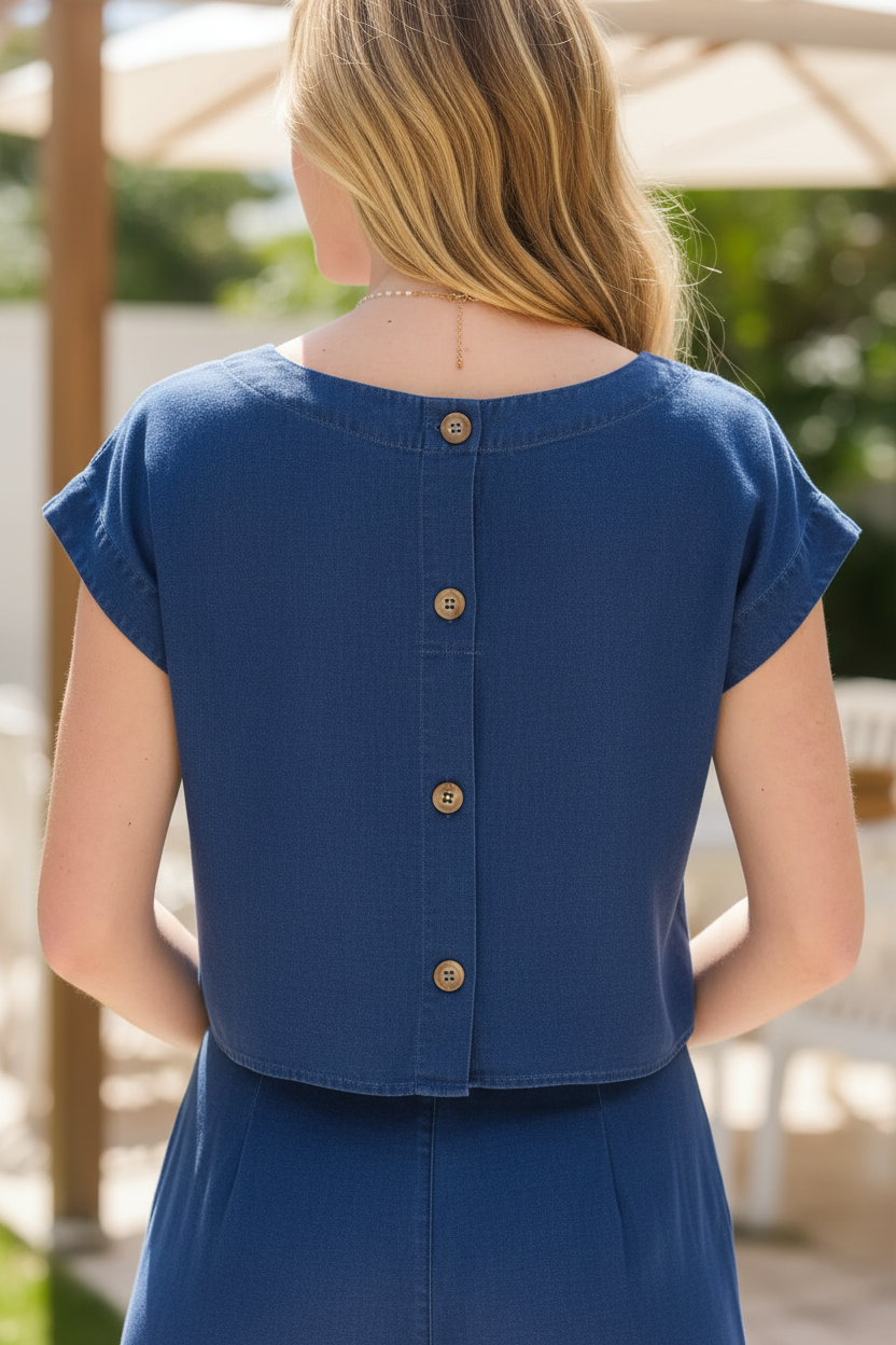 Dark chambray back button crop top - button detail close-up