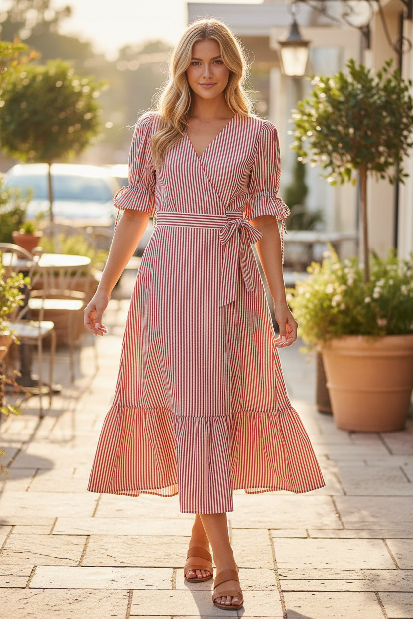 Red and white stripe wrap midi dress with puff tie sleeves, ruffle cuffs, V-neckline, and tiered flowy skirt styled with tan strappy sandals on sunny outdoor patio, boutique women's dress at Thread Bar Boutique