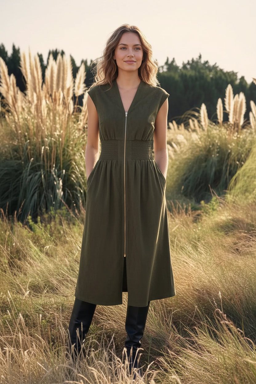 Olive Zip-Front Smocked Waist Midi Dress - front view in golden pampas grass field