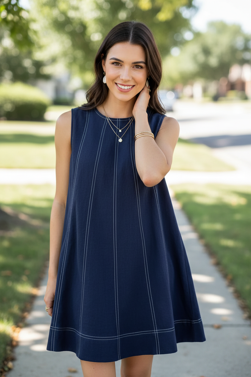Close-up of brunette woman wearing Umgee navy linen sleeveless swing dress showing crew neckline and contrast stitch detail on sunny sidewalk